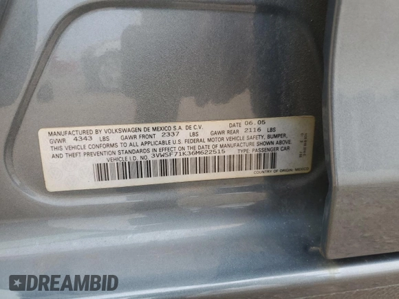 2006 Volkswagen Jetta 2.5L with VIN 3VWSF71K36M622515, listed as a Copart auction lot 54454535 with 82,105 mi miles and Salvage title. Bid and sale history available at DreamBid. Image 13.