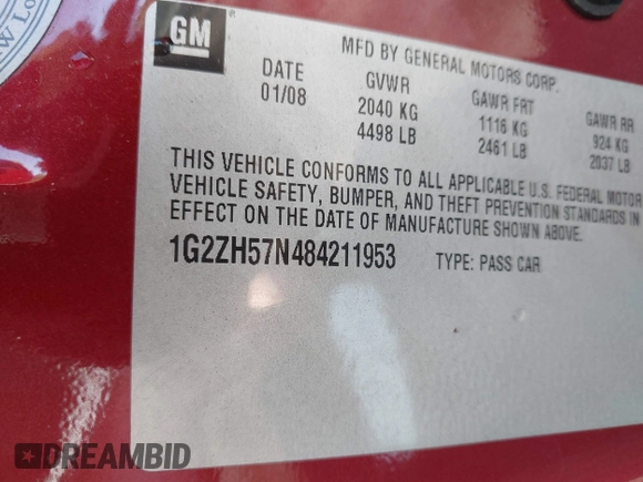 2008 Pontiac G6 GT z VIN 1G2ZH57N484211953, wystawiony jako IAAI lot #42292836 z przebiegiem 156 154 mil mil oraz . Historia ofert i sprzedaży dostępna na DreamBid. Obrazek 9.
