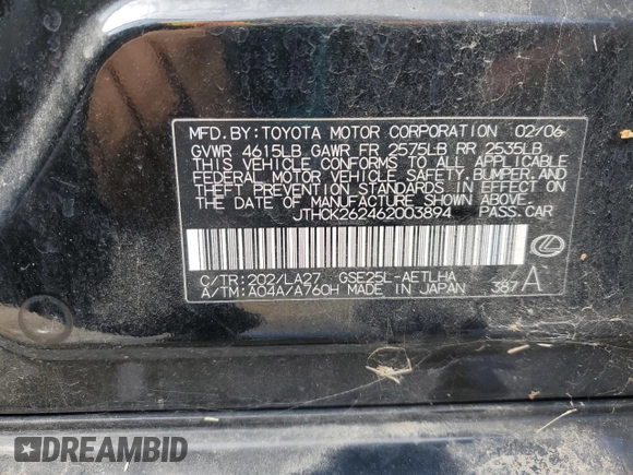 2006 Lexus IS 250 z VIN JTHCK262462003894, wystawiony jako Copart lot #54122785 z przebiegiem 219 898 mil mil oraz Szkoda całkowita • Salvage title. Historia ofert i sprzedaży dostępna na DreamBid. Obrazek 12.