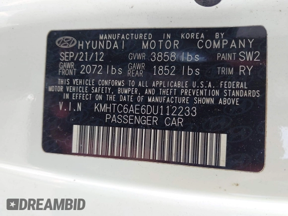 2013 Hyundai Veloster Turbo z VIN KMHTC6AE6DU112233, wystawiony jako IAAI lot #42295962 z przebiegiem 151 091 mil mil oraz . Historia ofert i sprzedaży dostępna na DreamBid. Obrazek 9.