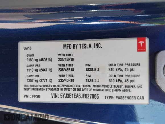 2018 Tesla Model 3 Long Range Battery with VIN 5YJ3E1EA6JF027065, listed as a IAAI auction lot 40532631 with 55,316 mi miles. Bid and sale history available at carsss.com. Image 9.