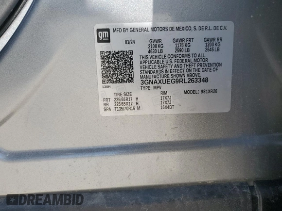 2024 Chevrolet Equinox LT with VIN 3GNAXUEG9RL263348, listed as a Copart auction lot 55855405 with Not Provided miles and Non Repairable. Bid and sale history available at DreamBid. Image 12.