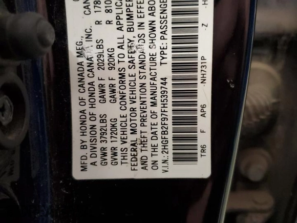 2015 Honda Civic EX-L z VIN 2HGFB2F97FH539744, wystawiony jako Copart lot #56350465 z przebiegiem 167 309 mil mil oraz Szkoda całkowita • Salvage title. Historia ofert i sprzedaży dostępna na DreamBid. Obrazek 13.