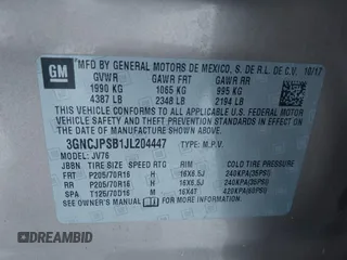 2018 Chevrolet Trax LT with VIN 3GNCJPSB1JL204447, listed as a IAAI auction lot 41412002 with 130,654 mi miles. Bid and sale history available at carsss.com. Image 9.