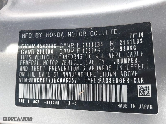 2017 Honda Accord Hybrid Touring with VIN JHMCR6F7XHC006357, listed as a IAAI auction lot 41263478 with 118,758 mi miles. Bid and sale history available at carsss.com. Image 9.