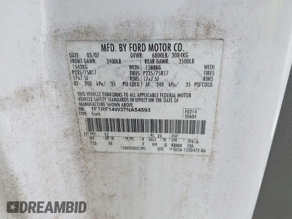 2007 Ford F-150 XL with VIN 1FTRF14W37NA54593, listed as a IAAI auction lot 42507874 with 111,032 mi miles and . Bid and sale history available at DreamBid. Image 9.