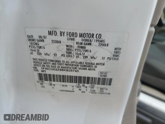 2008 Ford Escape XLS с VIN 1FMCU02Z58KB35743, выставлен на аукционе Copart как лот 54830015 с пробегом 166 643 миль миль и Списание • Salvage title. История ставок и продаж доступна на DreamBid. Изображение 13.