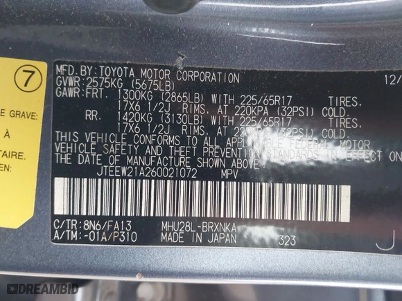 2006 Toyota Highlander Hybrid with VIN JTEEW21A260021072, listed as a IAAI auction lot 41903150 with 164,766 mi miles. Bid and sale history available at carsss.com. Image 9.