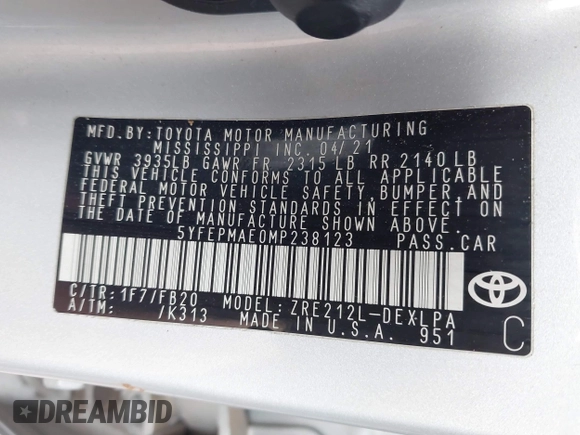 2021 Toyota Corolla LE with VIN 5YFEPMAE0MP238123, listed as a IAAI auction lot 41579342 with 82,470 mi miles and . Bid and sale history available at DreamBid. Image 9.