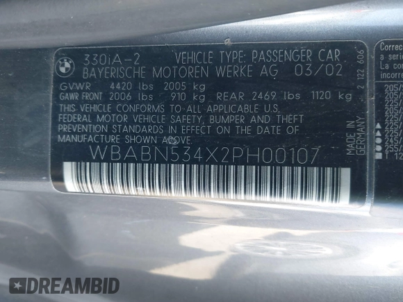 2002 BMW 3 Series 330Ci with VIN WBABN534X2PH00107, listed as a IAAI auction lot 41761370 with Not Provided miles and . Bid and sale history available at carsss.com. Image 9.