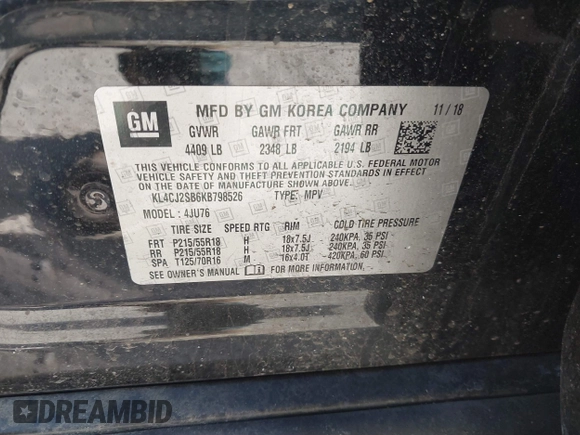 2019 Buick Encore Sport Touring with VIN KL4CJ2SB6KB798526, listed as a IAAI auction lot 41740692 with 53,121 mi miles and . Bid and sale history available at DreamBid. Image 9.