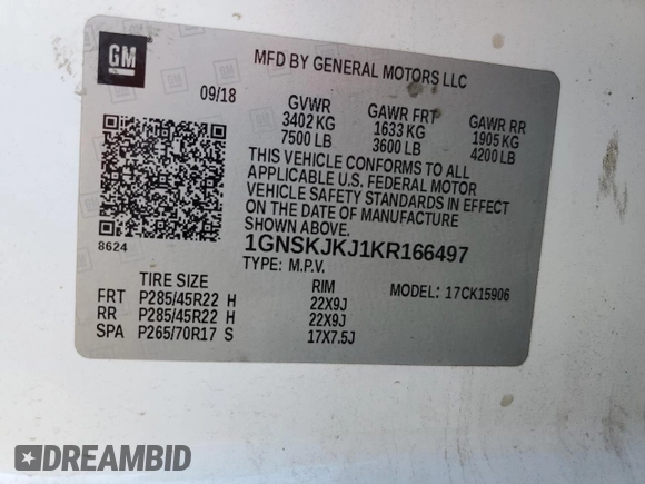 2019 Chevrolet Suburban Premier with VIN 1GNSKJKJ1KR166497, listed as a Copart auction lot 87331014 with 162,269 mi miles and Salvage Title. Bid and sale history available at DreamBid. Image 15.