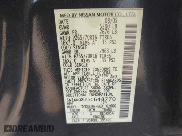 2005 Nissan Xterra SE z VIN 5N1AN08U15C648770, wystawiony jako IAAI lot #42400931 z przebiegiem 224 904 mil mil oraz . Historia ofert i sprzedaży dostępna na DreamBid. Obrazek 9.