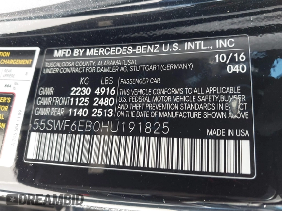 2017 Mercedes-Benz C 43 AMG with VIN 55SWF6EB0HU191825, listed as a IAAI auction lot 41682046 with 146,592 mi miles and . Bid and sale history available at DreamBid. Image 9.
