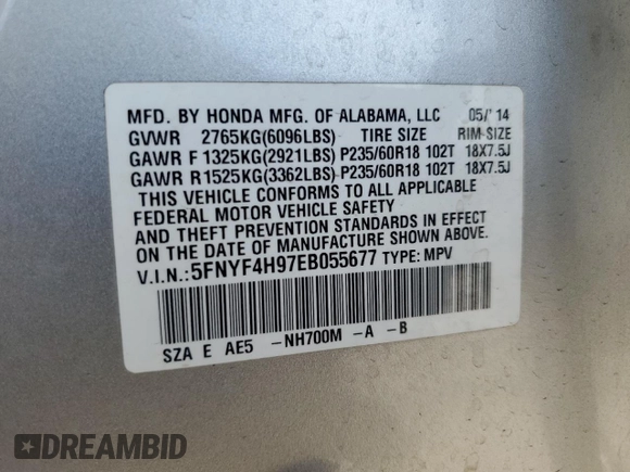 2014 Honda Pilot Touring z VIN 5FNYF4H97EB055677, wystawiony jako Copart lot #55132895 z przebiegiem 83 030 mil mil oraz Szkoda całkowita • Salvage title. Historia ofert i sprzedaży dostępna na DreamBid. Obrazek 14.