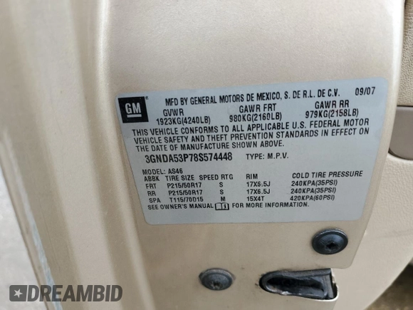 2008 Chevrolet HHR LT with VIN 3GNDA53P78S574448, listed as a Copart auction lot 56378765 with Not provided miles and Salvage title. Bid and sale history available at DreamBid. Image 12.
