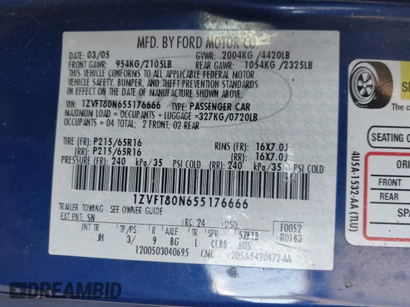 2005 Ford Mustang Deluxe with VIN 1ZVFT80N655176666, listed as a IAAI auction lot 42686893 with 218,881 mi miles and . Bid and sale history available at DreamBid. Image 9.