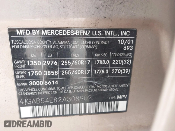 2002 Mercedes-Benz M 320/430/500 z VIN 4JGAB54E82A308902, wystawiony jako IAAI lot #41779482 z przebiegiem 99 933 mil mil oraz . Historia ofert i sprzedaży dostępna na DreamBid. Obrazek 9.
