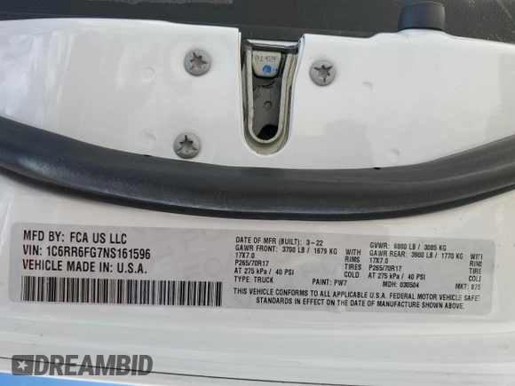 2022 Ram 1500 Tradesman with VIN 1C6RR6FG7NS161596, listed as a Copart auction lot 56472245 with 33,445 mi miles and Salvage title. Bid and sale history available at DreamBid. Image 12.