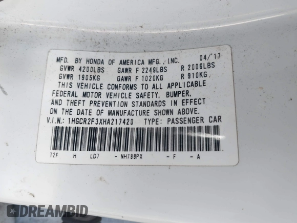 2017 Honda Accord Sedan LX with VIN 1HGCR2F3XHA217420, listed as a IAAI auction lot 41347762 with Not Provided miles. Bid and sale history available at carsss.com. Image 9.