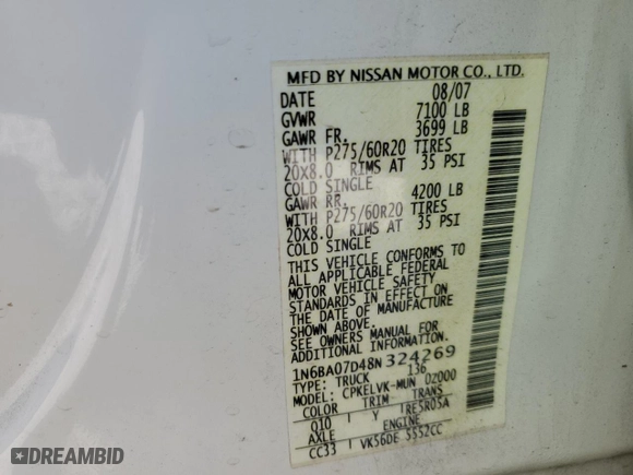 2008 Nissan Titan XE with VIN 1N6BA07D48N324269, listed as a Copart auction lot 49691365 with 439,277 mi miles and Salvage Title. Bid and sale history available at carsss.com. Image 12.