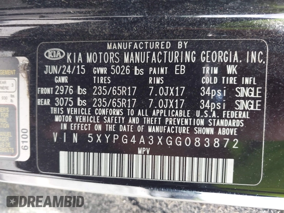 2016 Kia Sorento LX with VIN 5XYPG4A3XGG083872, listed as a IAAI auction lot 42093148 with 98,056 mi miles. Bid and sale history available at carsss.com. Image 9.