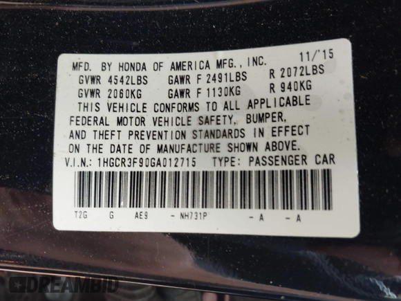 2016 Honda Accord Touring with VIN 1HGCR3F90GA012715, listed as a IAAI auction lot 42399280 with 140,786 mi miles and . Bid and sale history available at DreamBid. Image 9.