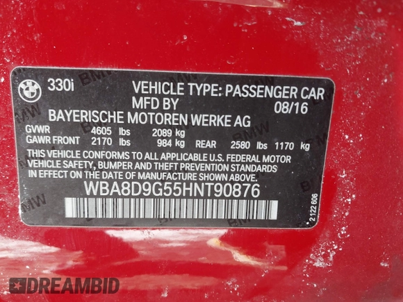 2017 BMW 3 Series 330i xDrive with VIN WBA8D9G55HNT90876, listed as a IAAI auction lot 41262582 with 106,449 mi miles. Bid and sale history available at carsss.com. Image 9.