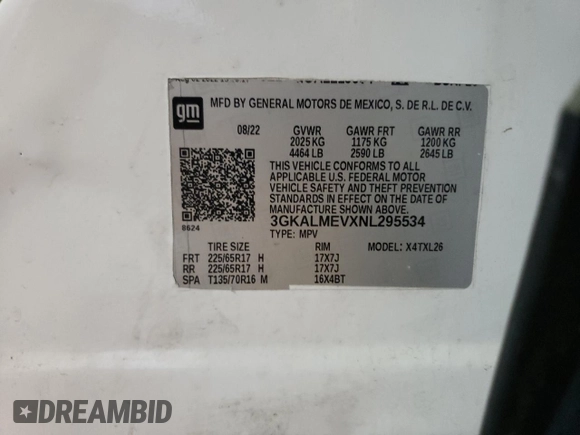 2022 GMC Terrain SLE with VIN 3GKALMEVXNL295534, listed as a Copart auction lot 50086645 with 75,152 mi miles and Salvage Title. Bid and sale history available at carsss.com. Image 13.