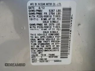 2012 Nissan Murano SL with VIN JN8AZ1MW5CW228015, listed as a Copart auction lot 59703054 with 60,733 mi miles and Salvage Title. Bid and sale history available at carsss.com. Image 15.