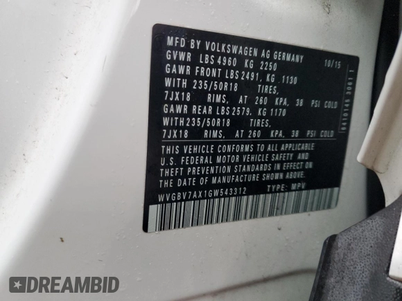 2016 Volkswagen Tiguan R-Line with VIN WVGBV7AX1GW543312, listed as a Copart auction lot 86631444 with 78,335 mi miles and Salvage Title. Bid and sale history available at DreamBid. Image 12.