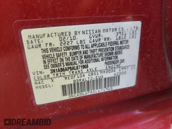 2010 Nissan Sentra S with VIN 3N1AB6AP8AL671968, listed as a Copart auction lot 52311125 with 129,789 mi miles and Salvage Title. Bid and sale history available at carsss.com. Image 12.