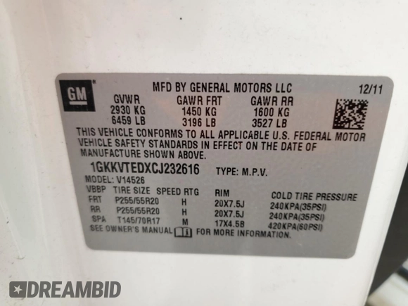 2012 GMC Acadia Denali with VIN 1GKKVTEDXCJ232616, listed as a Copart auction lot 56656055 with 189,808 mi miles and Non repairable. Bid and sale history available at DreamBid. Image 13.