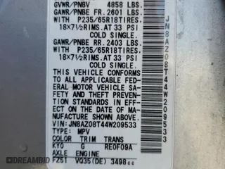 2004 Nissan Murano SL with VIN JN8AZ08T44W209533, listed as a Copart auction lot 66243724 with 109,276 mi miles and Clean Title. Bid and sale history available at carsss.com. Image 13.