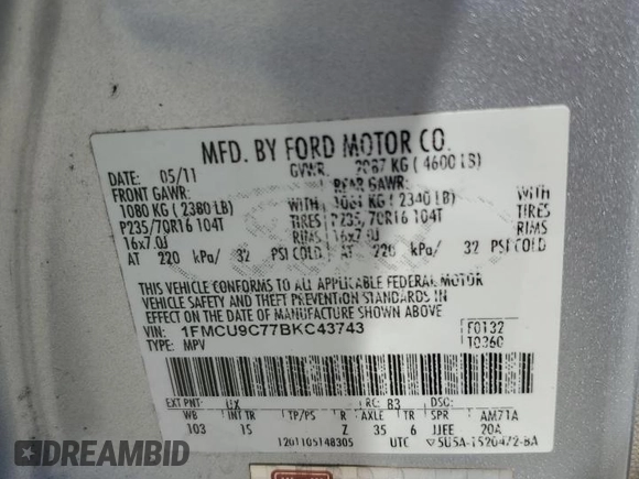2011 Ford Escape XLS with VIN 1FMCU9C77BKC43743, listed as a Copart auction lot 54683435 with 186,928 mi miles and Clean title. Bid and sale history available at DreamBid. Image 14.