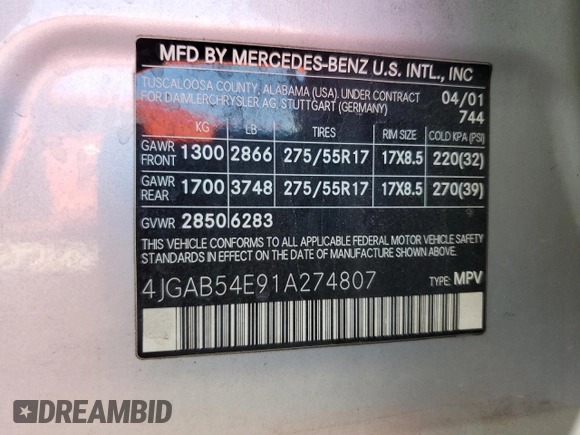 2001 Mercedes-Benz M 320/430/500 z VIN 4JGAB54E91A274807, wystawiony jako Copart lot #50099165 z przebiegiem 250 220 mil mil oraz Szkoda całkowita • Salvage title. Historia ofert i sprzedaży dostępna na DreamBid. Obrazek 15.