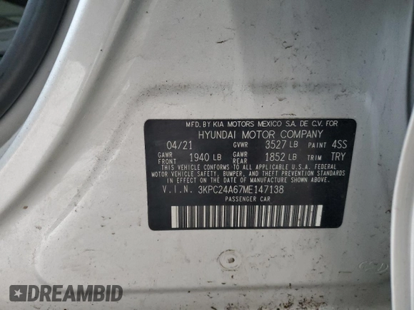 2021 Hyundai Accent SEL z VIN 3KPC24A67ME147138, wystawiony jako Copart lot #51951095 z przebiegiem 91 098 mil mil oraz Szkoda całkowita • Salvage title. Historia ofert i sprzedaży dostępna na DreamBid. Obrazek 12.