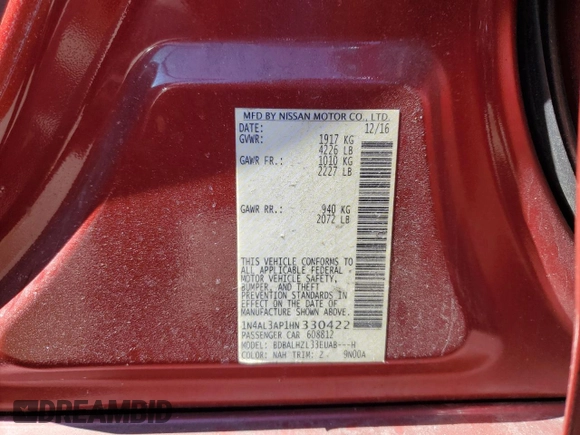 2017 Nissan Altima SR with VIN 1N4AL3AP1HN330422, listed as a Copart auction lot 48601505 with 109,254 mi miles and Salvage Title. Bid and sale history available at DreamBid. Image 15.