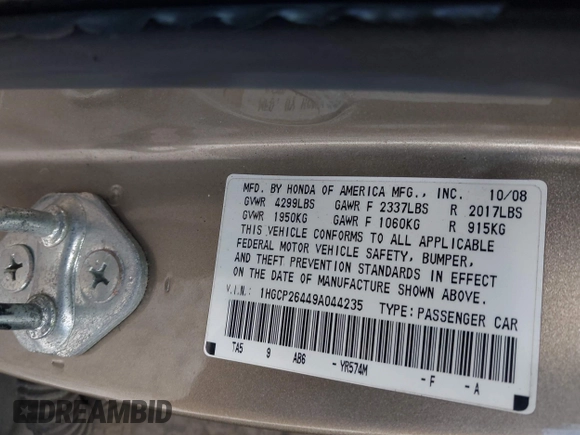 2009 Honda Accord LX-P with VIN 1HGCP26449A044235, listed as a IAAI auction lot 42016347 with Not Provided miles and . Bid and sale history available at DreamBid. Image 9.