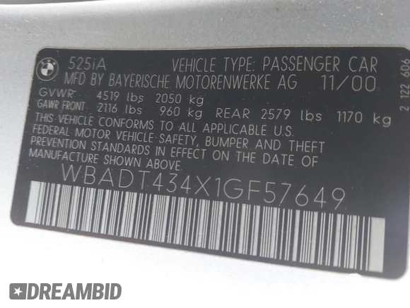 2001 BMW 5 Series 525i with VIN WBADT434X1GF57649, listed as a IAAI auction lot 41837825 with 183,635 mi miles and . Bid and sale history available at DreamBid. Image 9.