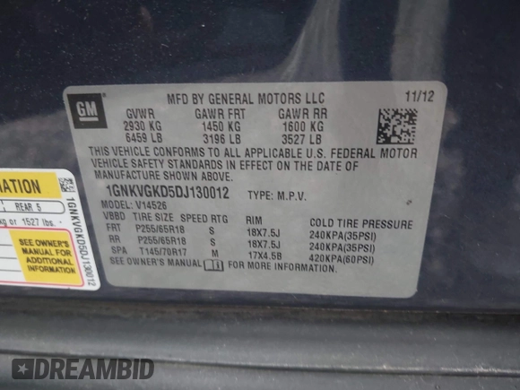 2013 Chevrolet Traverse LT with VIN 1GNKVGKD5DJ130012, listed as a IAAI auction lot 41909148 with 169,485 mi miles and . Bid and sale history available at DreamBid. Image 9.