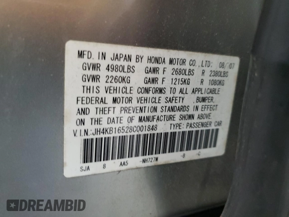 2008 Acura RL with VIN JH4KB16528C001848, listed as a Copart auction lot 42711235 with 156,055 mi miles and Salvage Title. Bid and sale history available at DreamBid. Image 15.