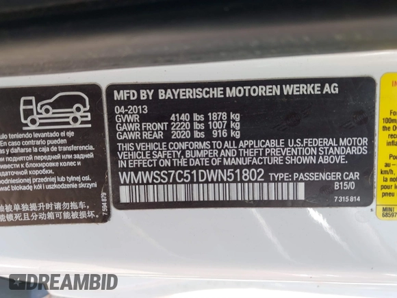 2013 MINI Paceman S ALL4 with VIN WMWSS7C51DWN51802, listed as a IAAI auction lot 41885786 with 96,386 mi miles and . Bid and sale history available at DreamBid. Image 9.