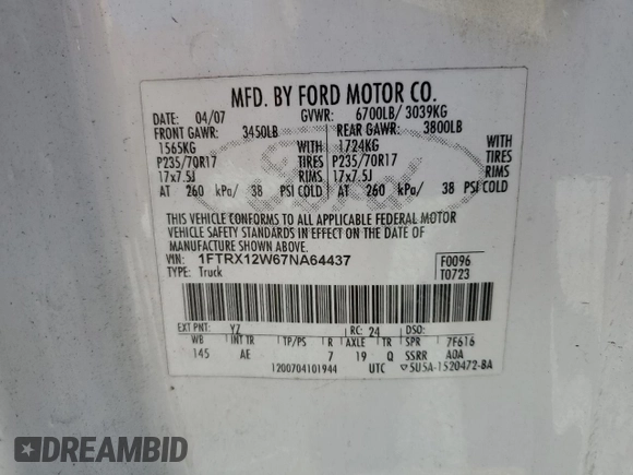 2007 Ford F-150 STX with VIN 1FTRX12W67NA64437, listed as a Copart auction lot 52342625 with Not Provided miles and Clean Title. Bid and sale history available at DreamBid. Image 12.