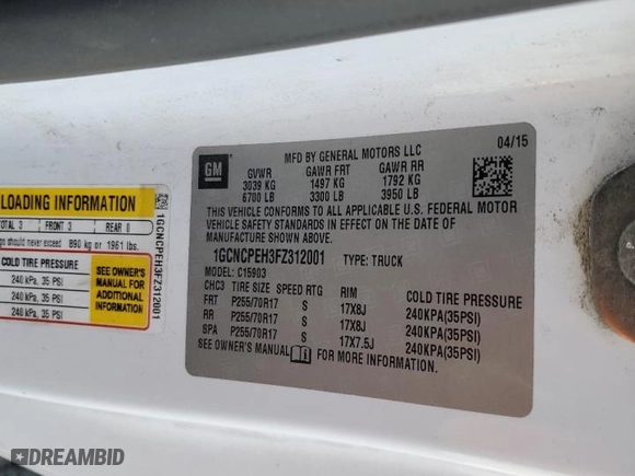 2015 Chevrolet Silverado 1500 Work Truck with VIN 1GCNCPEH3FZ312001, listed as a Copart auction lot 87298894 with 177,183 mi miles and Clean Title. Bid and sale history available at carsss.com. Image 12.