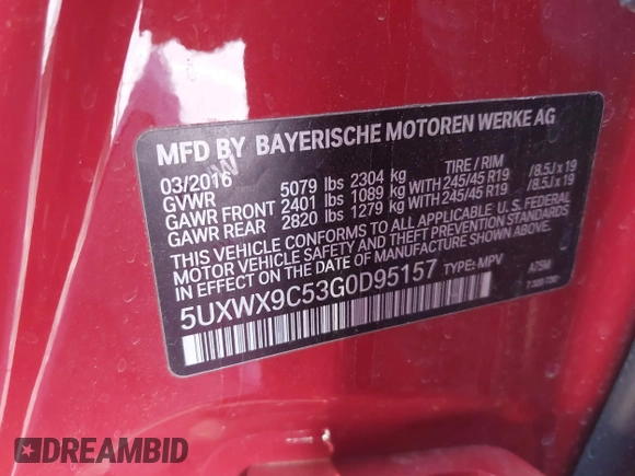 2016 BMW X3 xDrive28i with VIN 5UXWX9C53G0D95157, listed as a IAAI auction lot 42072656 with 61,533 mi miles and . Bid and sale history available at DreamBid. Image 9.