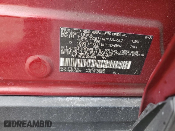 2020 Toyota RAV4 LE with VIN 2T3H1RFV6LW088768, listed as a Copart auction lot 77155894 with 0 mi miles and Non Repairable. Bid and sale history available at carsss.com. Image 12.