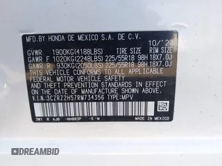 2024 Honda HR-V Sport with VIN 3CZRZ2H57RM734356, listed as a IAAI auction lot 41935601 with Not provided miles and . Bid and sale history available at DreamBid. Image 9.