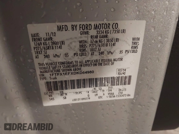 2013 Ford F-150 XL with VIN 1FTFX1EFXDKD64980, listed as a IAAI auction lot 42163325 with 149,651 mi miles and . Bid and sale history available at DreamBid. Image 9.
