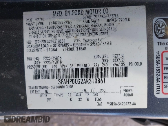 2010 Ford Fusion SEL with VIN 3FAHP0CG2AR310861, listed as a IAAI auction lot 41320306 with 79,404 mi miles. Bid and sale history available at carsss.com. Image 9.